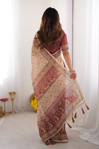 Pure cotton handloom saree with floral print and designer tassels