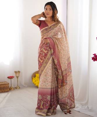 Pure cotton handloom saree with floral print and designer tassels 4