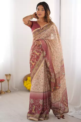 Pure cotton handloom saree with floral print and designer tassels