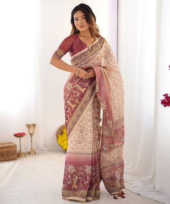 Pure cotton handloom saree with floral print and designer tassels 5