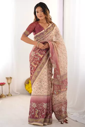 Pure cotton handloom saree with floral print and designer tassels