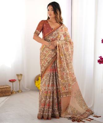 Floral printed cotton saree in handloom weave with blouse piece     5.5m 1