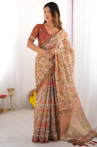 Floral printed cotton saree in handloom weave with blouse piece – 5.5m