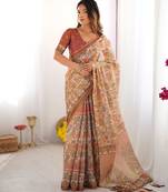 Floral printed cotton saree in handloom weave with blouse piece     5.5m