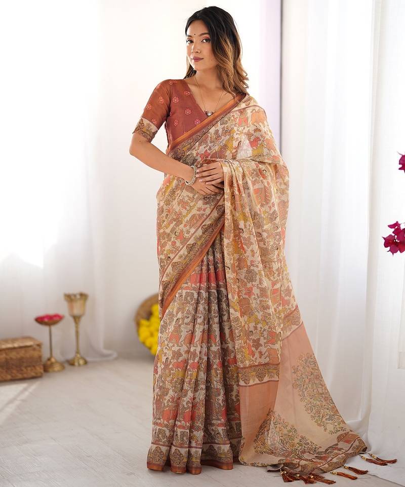 Floral printed cotton saree in handloom weave with blouse piece     5.5m