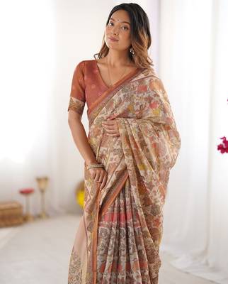 Floral printed cotton saree in handloom weave with blouse piece     5.5m 2