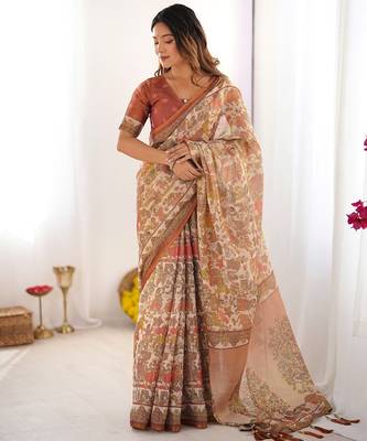 Floral printed cotton saree in handloom weave with blouse piece     5.5m 5