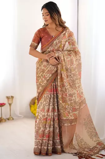 Floral printed cotton saree in handloom weave with blouse piece     5.5m