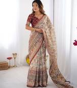 Traditional handloom cotton floral saree with matching blouse & tassel detailing
