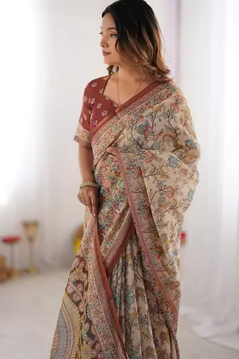 Traditional handloom cotton floral saree with matching blouse & tassel detailing