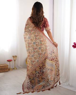 Traditional handloom cotton floral saree with matching blouse & tassel detailing 3