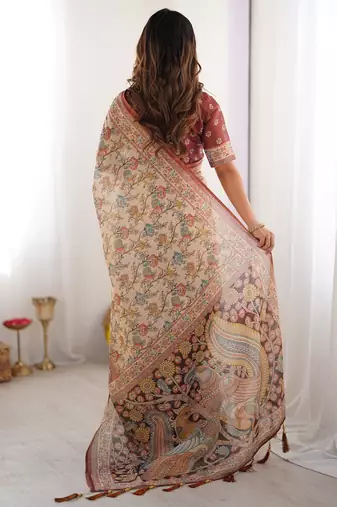 Traditional handloom cotton floral saree with matching blouse & tassel detailing
