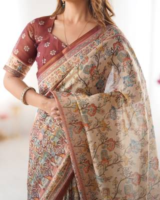 Traditional handloom cotton floral saree with matching blouse & tassel detailing 4