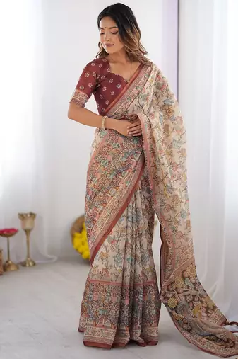 Traditional handloom cotton floral saree with matching blouse & tassel detailing