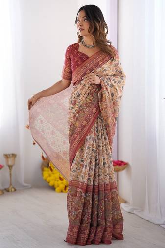 Soft handloom cotton floral saree with tassels – includes 0.8m blouse