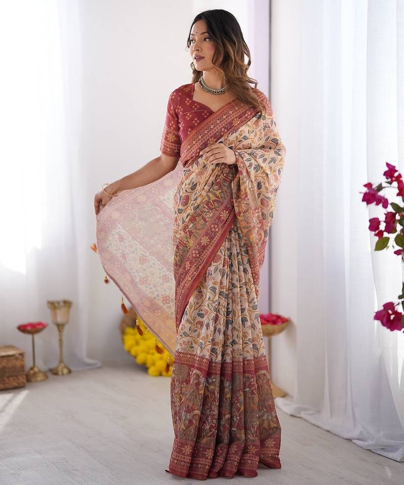 Soft handloom cotton floral saree with tassels     includes 0.8m blouse