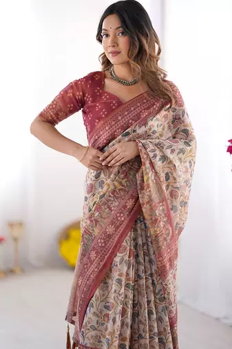 Soft handloom cotton floral saree with tassels     includes 0.8m blouse