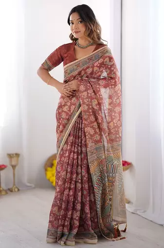 Printed floral handloom cotton saree with stylish tassel finish – ready to wear