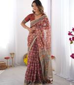 Printed floral handloom cotton saree with stylish tassel finish     ready to wear