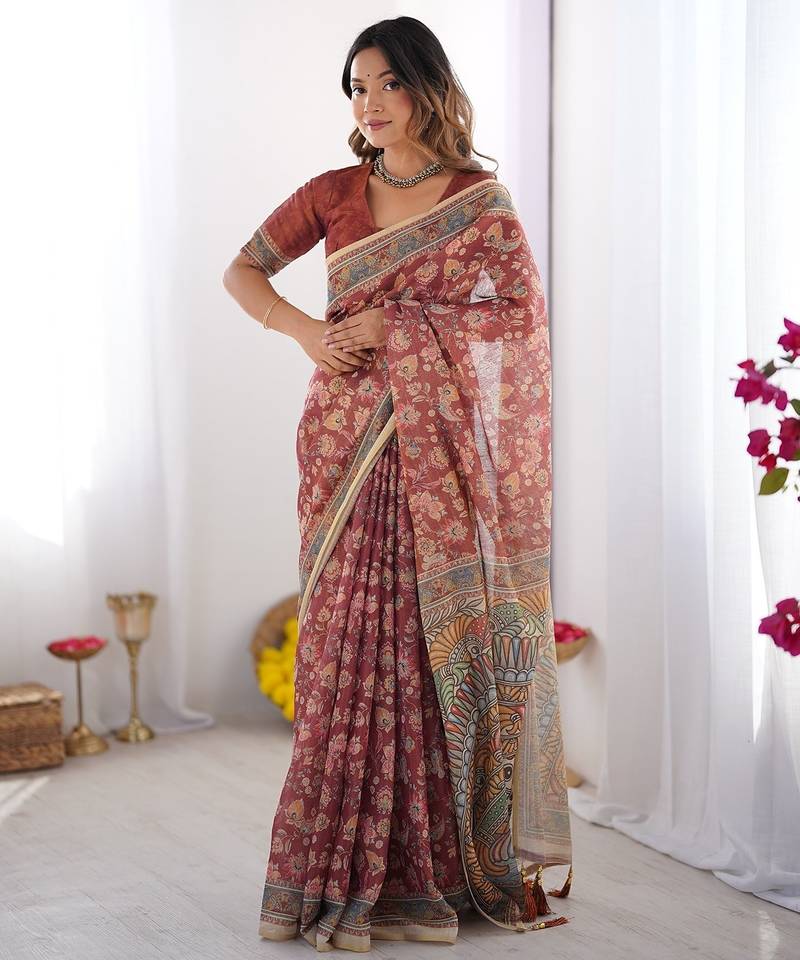 Printed floral handloom cotton saree with stylish tassel finish     ready to wear