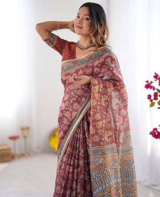 Printed floral handloom cotton saree with stylish tassel finish     ready to wear 2