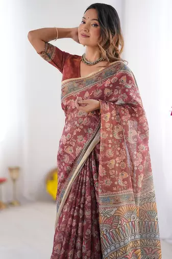 Printed floral handloom cotton saree with stylish tassel finish     ready to wear