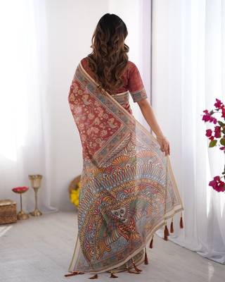 Printed floral handloom cotton saree with stylish tassel finish     ready to wear 3