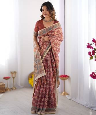 Printed floral handloom cotton saree with stylish tassel finish     ready to wear 4