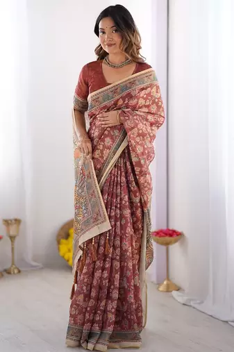 Printed floral handloom cotton saree with stylish tassel finish     ready to wear