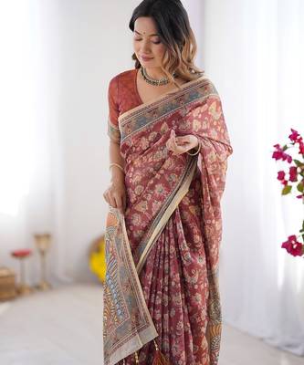 Printed floral handloom cotton saree with stylish tassel finish     ready to wear 5