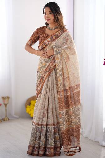 Graceful handloom cotton saree with artistic floral print & tassels