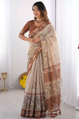 Graceful handloom cotton saree with artistic floral print & tassels