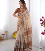 Graceful handloom cotton saree with artistic floral print & tassels