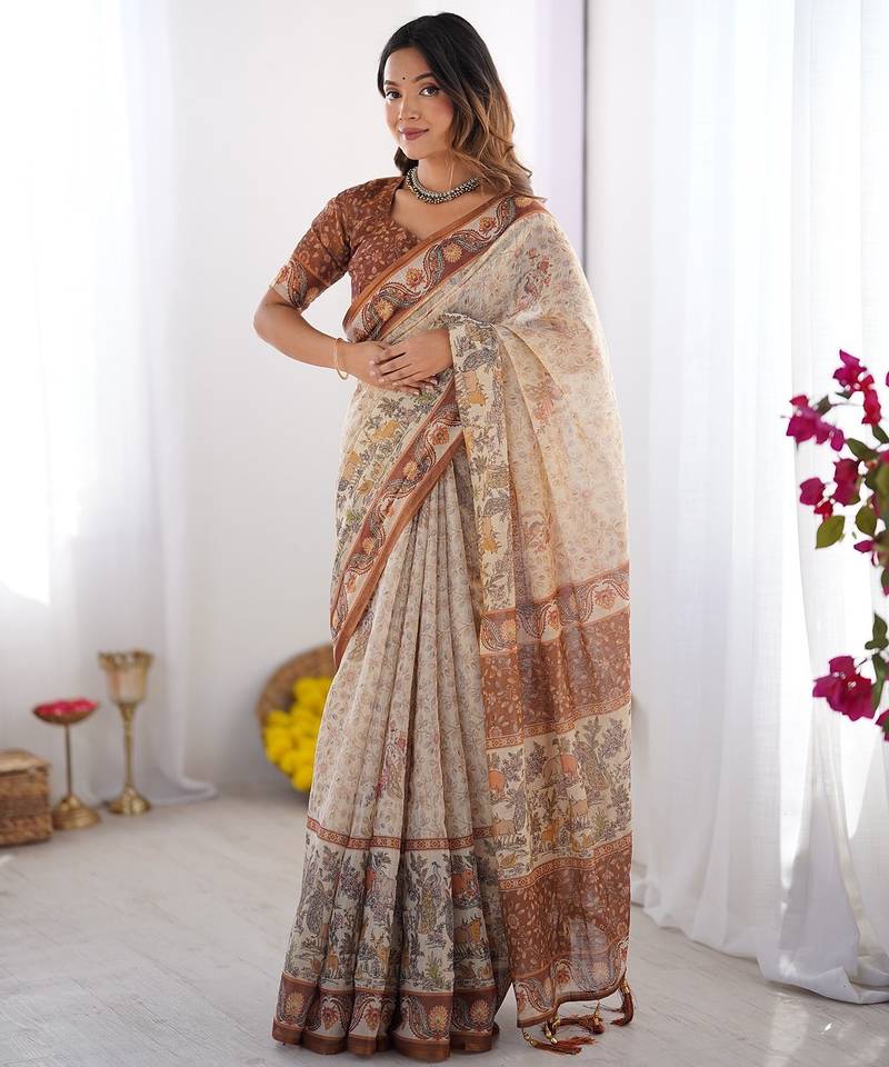 Graceful handloom cotton saree with artistic floral print & tassels