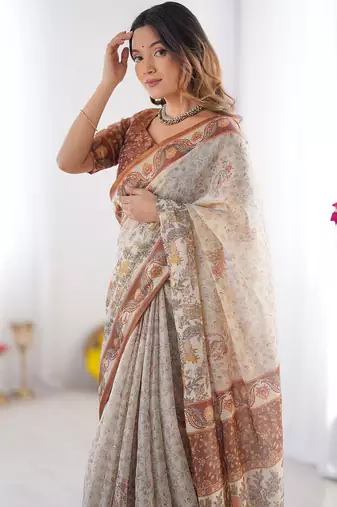 Graceful handloom cotton saree with artistic floral print & tassels