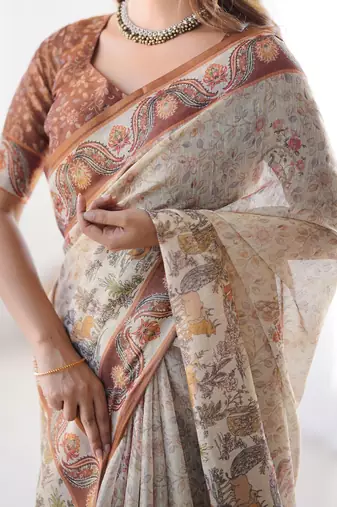 Graceful handloom cotton saree with artistic floral print & tassels