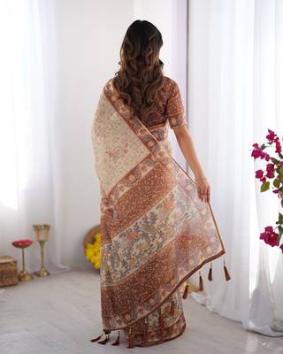 Graceful handloom cotton saree with artistic floral print & tassels 4
