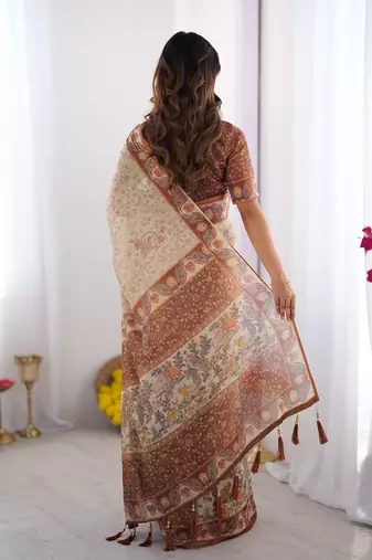 Graceful handloom cotton saree with artistic floral print & tassels