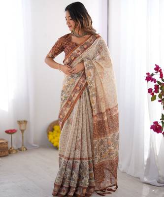 Graceful handloom cotton saree with artistic floral print & tassels 5