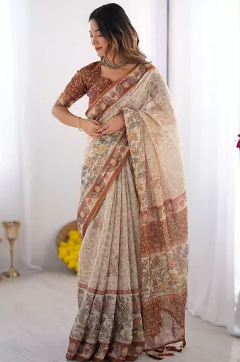 Graceful handloom cotton saree with artistic floral print & tassels