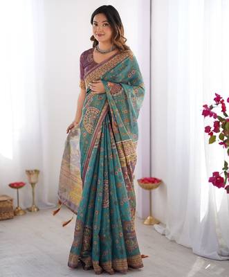 Designer floral print handloom cotton saree with tassel pallu & blouse 1