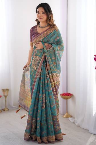 Designer floral print handloom cotton saree with tassel pallu & blouse