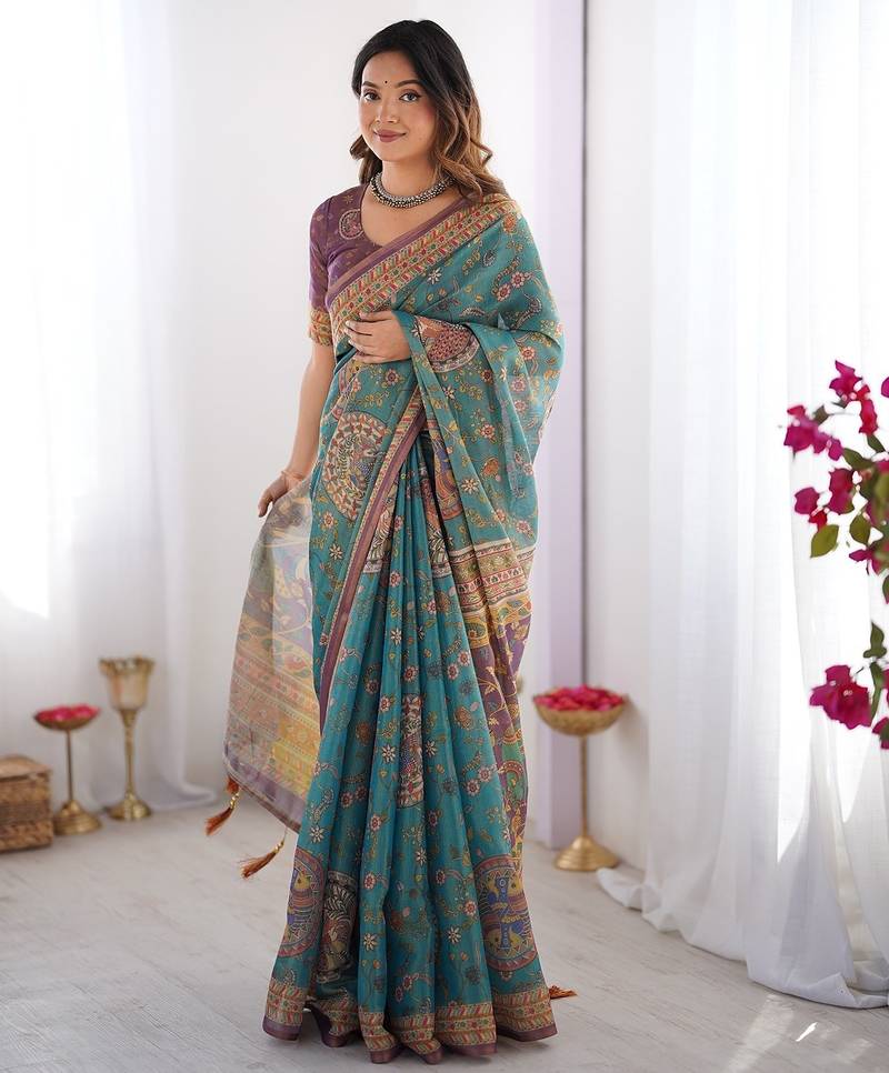 Designer floral print handloom cotton saree with tassel pallu & blouse