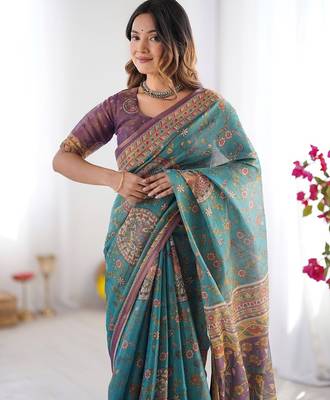Designer floral print handloom cotton saree with tassel pallu & blouse 2