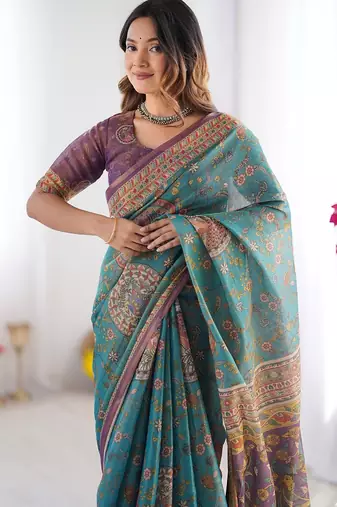 Designer floral print handloom cotton saree with tassel pallu & blouse