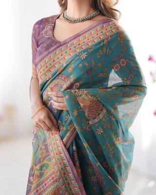 Designer floral print handloom cotton saree with tassel pallu & blouse 3