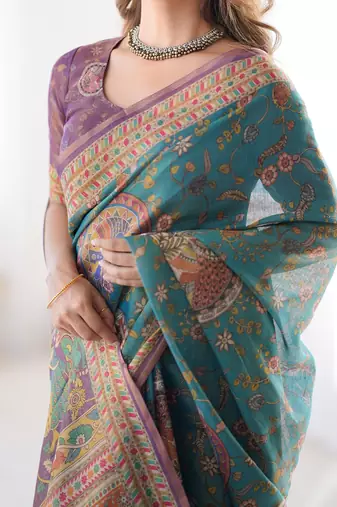 Designer floral print handloom cotton saree with tassel pallu & blouse
