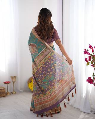 Designer floral print handloom cotton saree with tassel pallu & blouse 4
