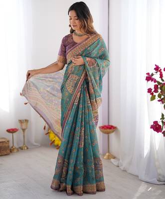 Designer floral print handloom cotton saree with tassel pallu & blouse 5