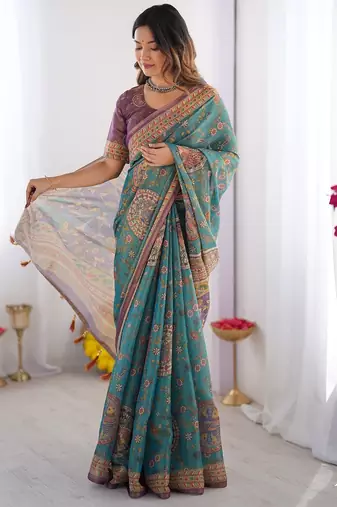 Designer floral print handloom cotton saree with tassel pallu & blouse